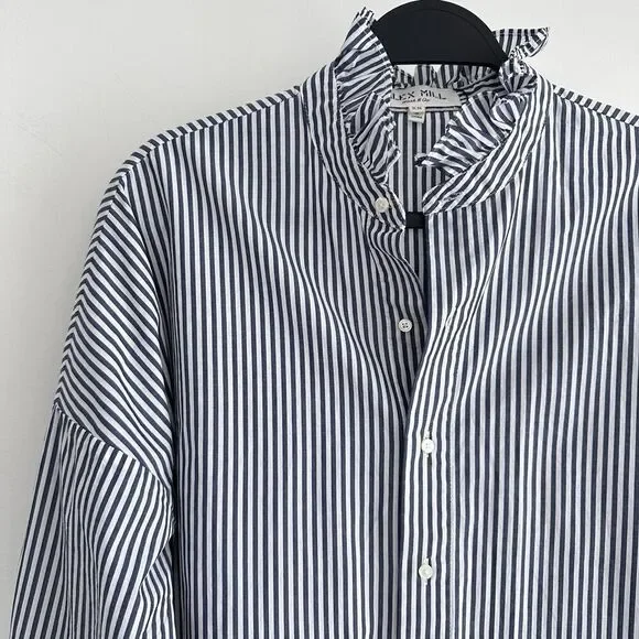 Alex Mill Top Womens XS Blue White Striped Easy Ruffle Frill Neck Cotton Career - Picture 3 of 11